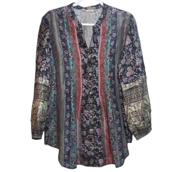 Soft Surroundings Milarepa Silk Puff Long Sleeve Floral Button Front Blouse Sz L - Picture 1 of 11